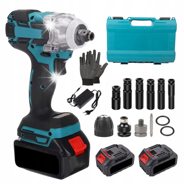 Cheie impact electrica 21V, 650Nm, 3200 rpm, set cu 6 capete, 2 baterii, negru si albastru