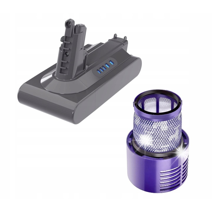 Set baterie zamiennica 6000 mAh si filtru HEPA pentru aspirator Dyson V10, 25.2V
