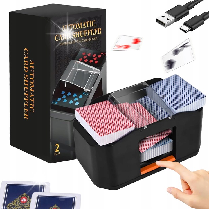 Masina automata de amestecat carti, 2000mAh, neagra, 22x11x10,7cm, set cu cablu de incarcare USB