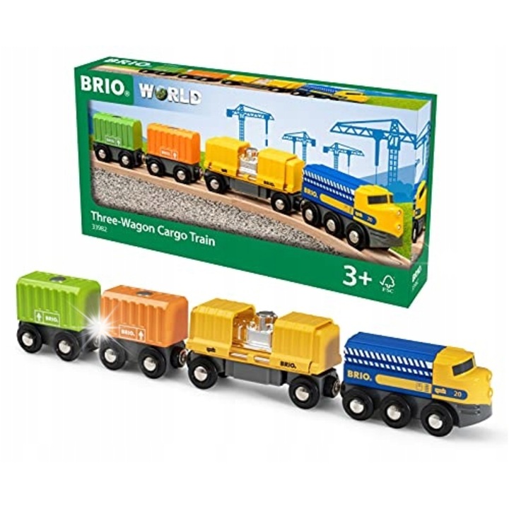 Trenulet de jucarie Brio, set cu 3 vagoane, 7 elemente, multicolor