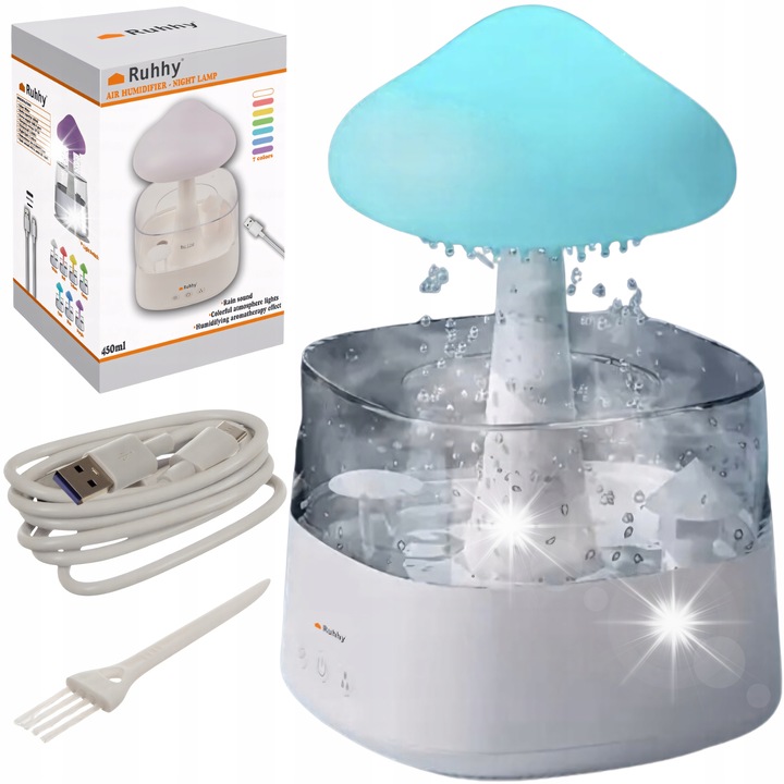 Párásító LED lámpával gomba alakban, Ruhhy, esőeffektus, fehér, 450ml, komplett készlet