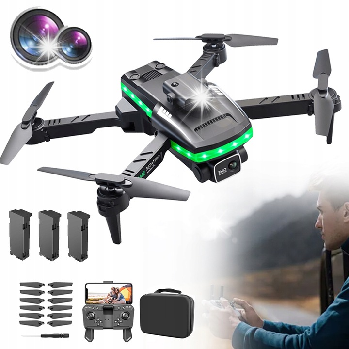 Dron pliabil, 2 camere HD, negru, 3 baterii 1200mAh, 19x16,5x5,5cm
