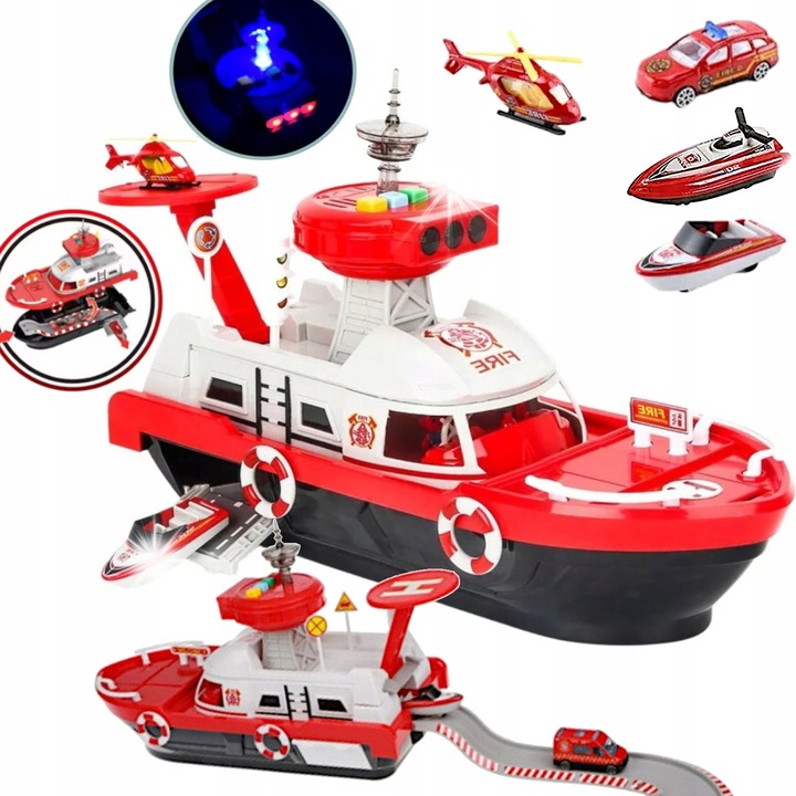 Set barci de salvare cu turn de control si heliport, politie sau salvare, 68x20x17cm, rosu