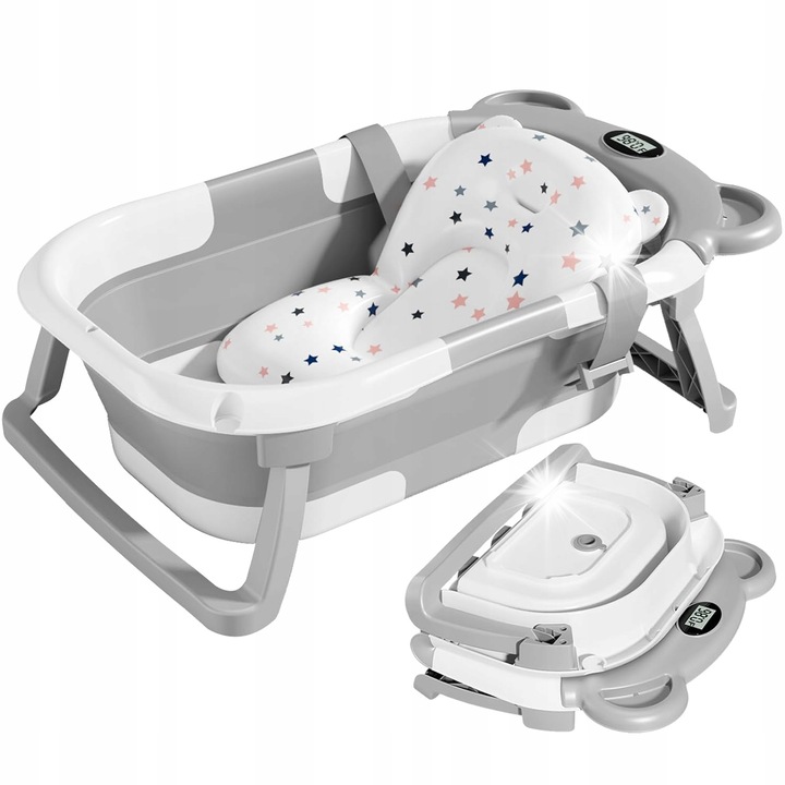Сгъваема бебешка вана, със сензор за температура и възглавница, сива, 42x21x67см