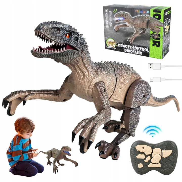 Jucarie interactiva copii, dinozaur Velociraptor, pilot, LED, miscatoare