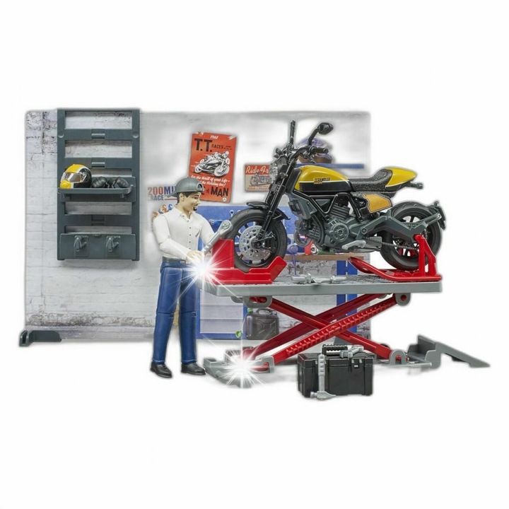 Комплект сервиз за ремонт на мотоциклети с мотоциклет Ducati Bruder 62102, подемна платформа, фигура на механик, 10,7см
