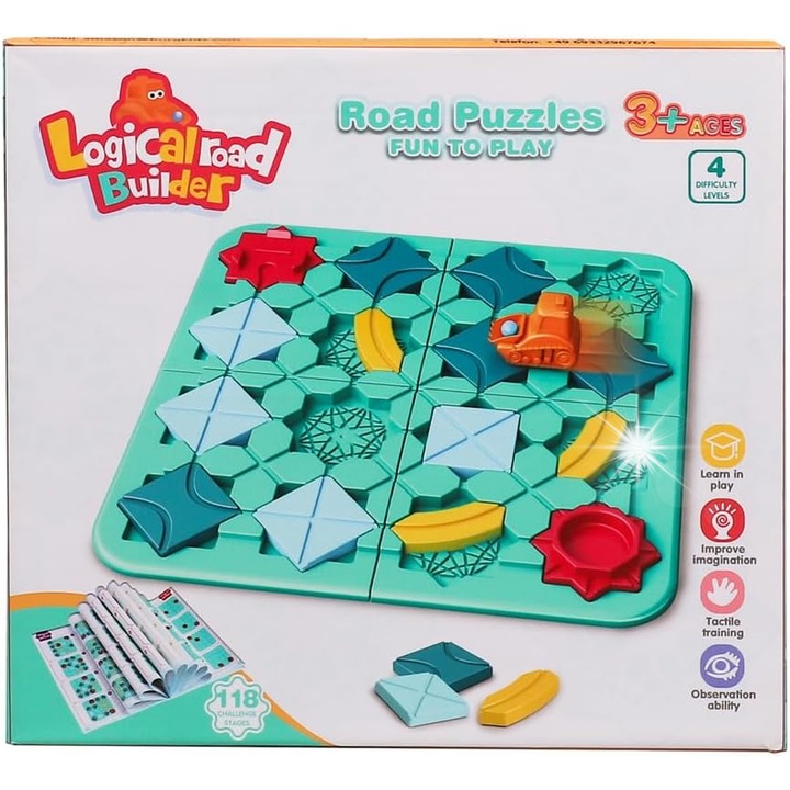 Логическа игра за деца Burgkidz, комплект за изграждане на пътища, 4 плочки, 6 зелени блока, 6 сини блока, 4 жълти блока, 3 топки, 2 колички