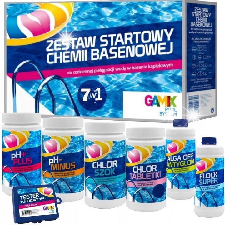 Set Start-Up 7in1 pentru Piscina Spa, FLOCK SUPER 1L, Clor Tablete 1kg, pH- 1,5kg, pH+ 1kg, Clor Soc 1kg, Alga Off 1L, Tester 20 teste