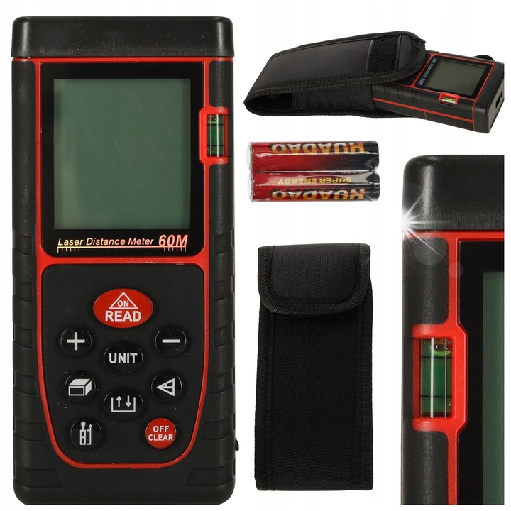 Dalmierz laserowy 60m, masurator digital, precizie 3mm, iluminare ecran, set cu husa si 2 baterii AAA