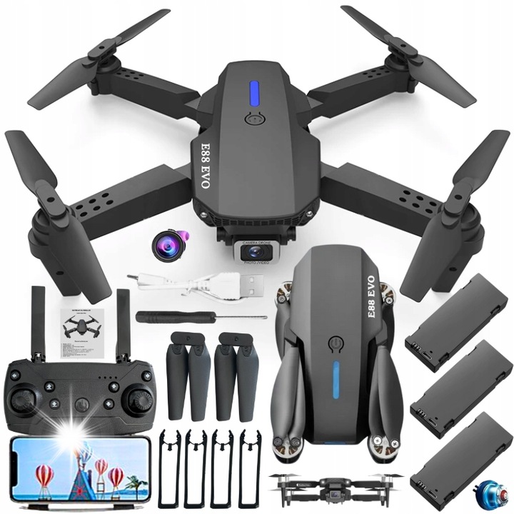 Дрон E88 GT, камера, 3 батерии, многоцветен