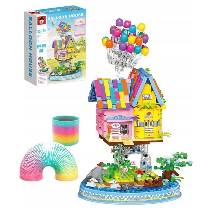 Set de constructie Casa cu Baloane, 998 piese, dimensiuni 19,6x19,6x34cm, cu lanturi LED colorate