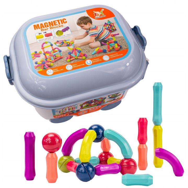Set de constructie cu 84 de blocuri magnetice, multicolor, pentru copii, cutie pe roti