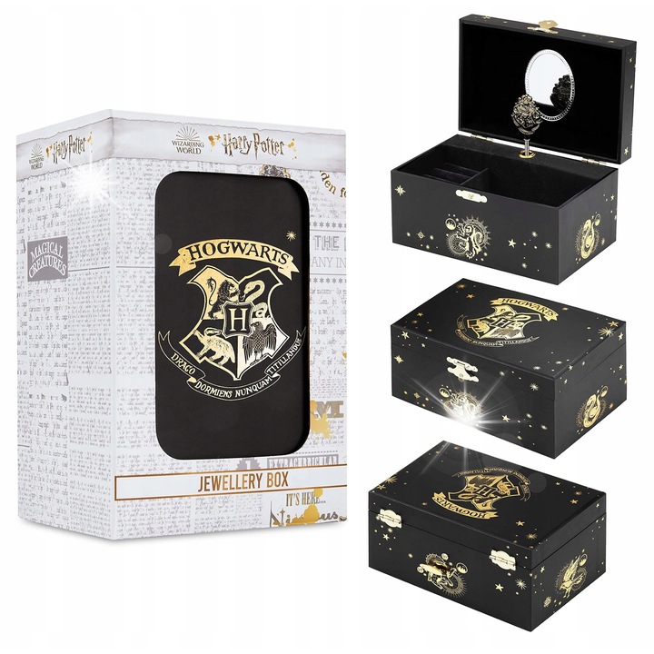 Cutie muzicala Harry Potter pentru bijuterii, decoratiuni negre/aurii, 18x11.5x10cm