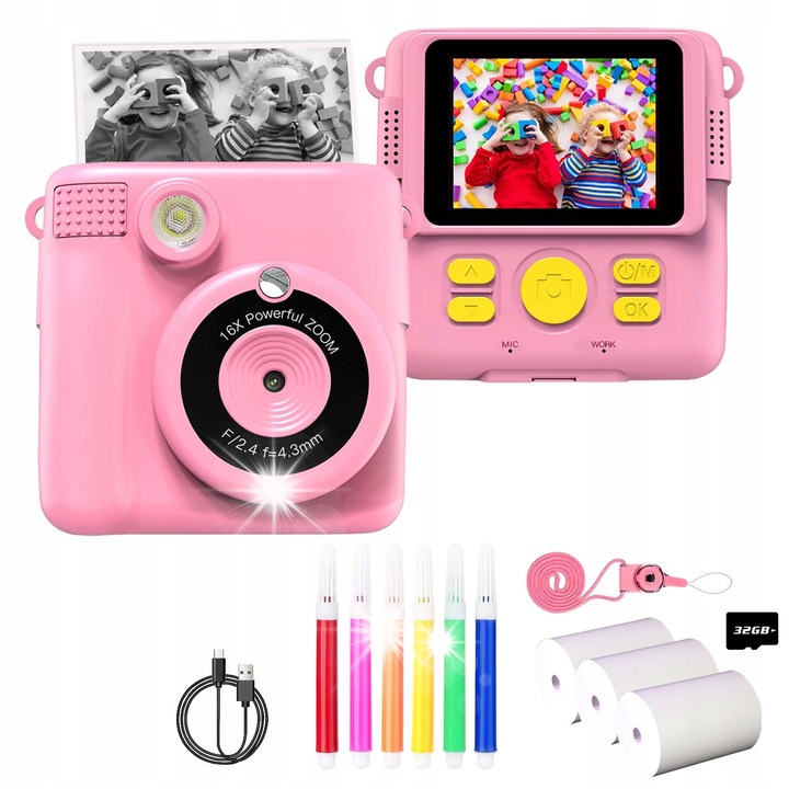 Детски цифров фотоапарат 2 в 1, с моментален печат, 32GB карта, 3 ролки хартия, 2,4" дисплей, 86,8x89,8x53мм
