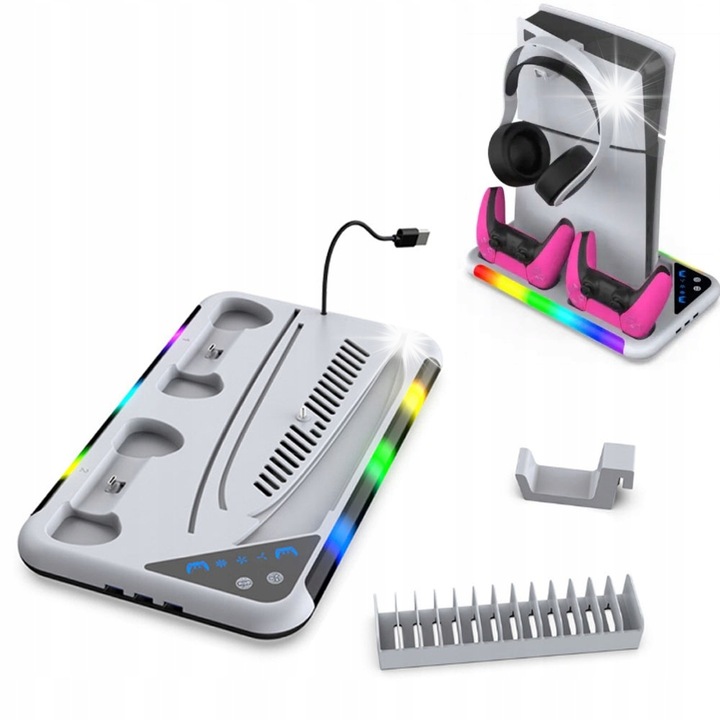 Statie de incarcare si racire PS5 Slim, RGB, alb, cu 3 viteze ventilator