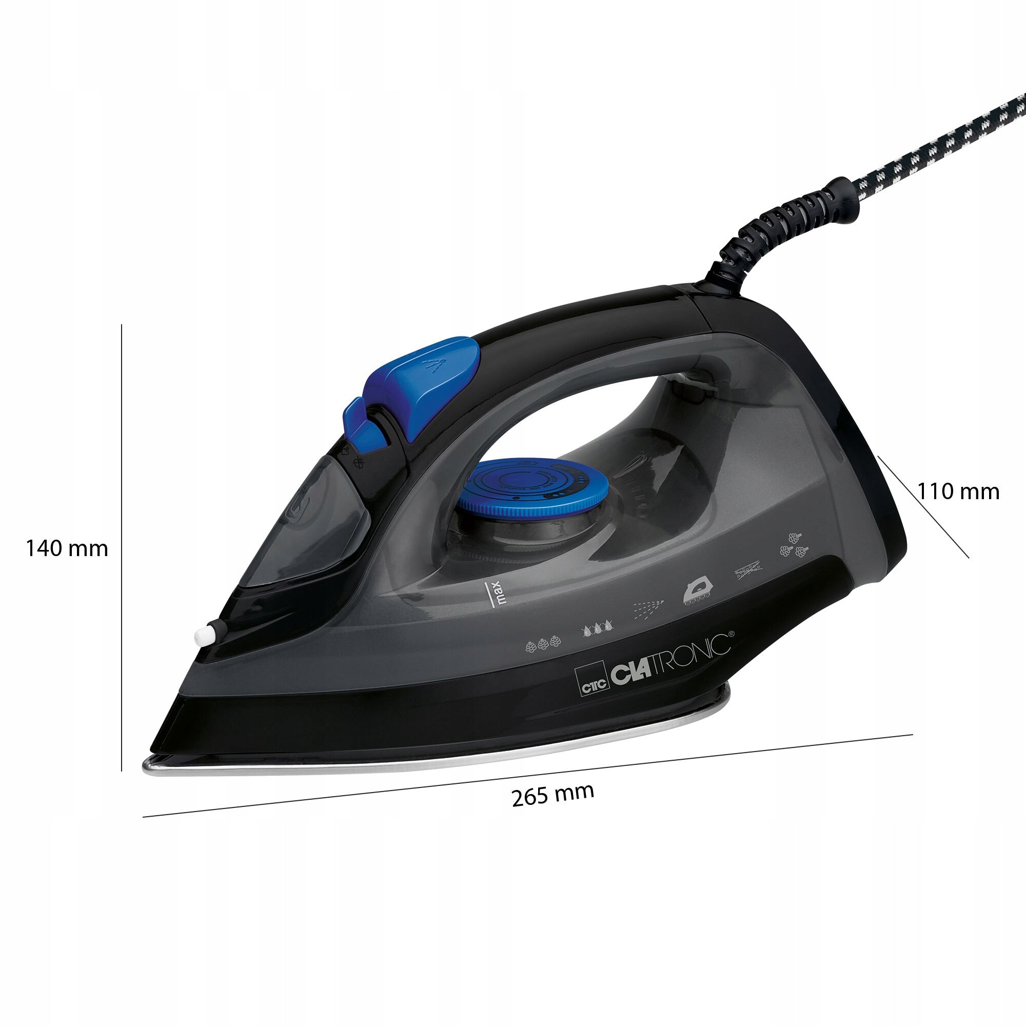 Fier de calcat Clatronic DB 3703, 1800 W, 7 functii, abur vertical, 110x140x265mm, negru/albastru