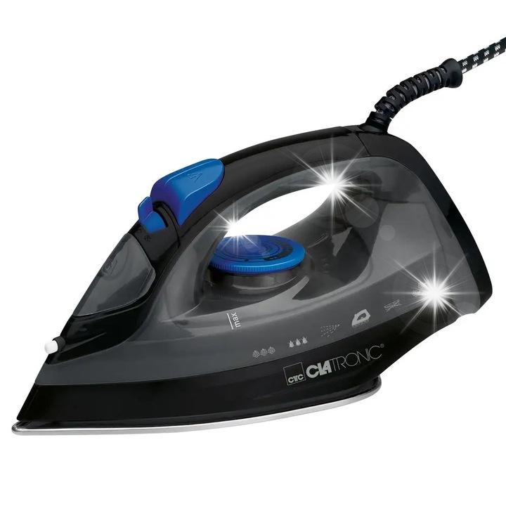 Fier de calcat Clatronic DB 3703, 1800 W, 7 functii, abur vertical, 110x140x265mm, negru/albastru