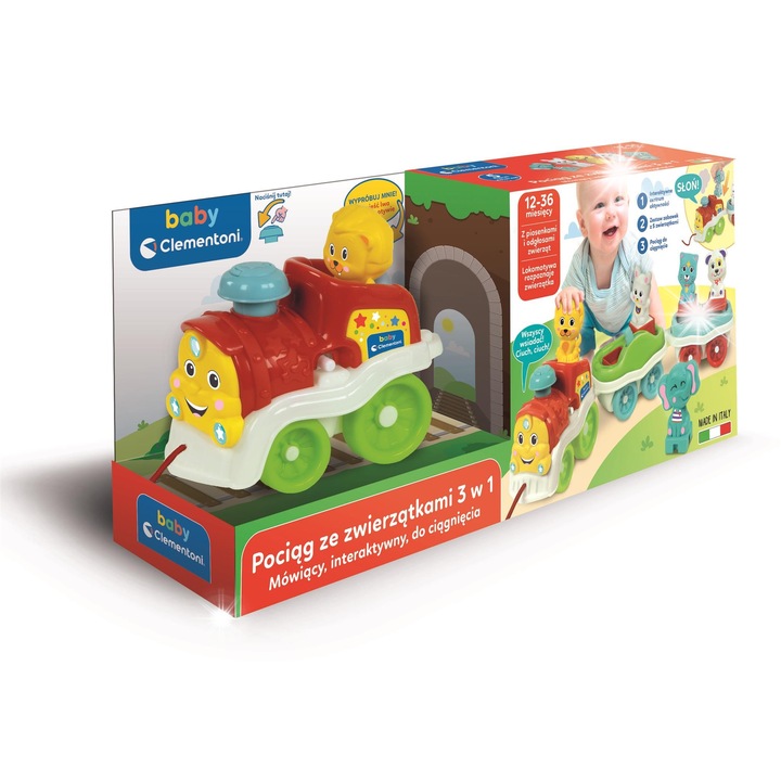 Интерактивен влак с животни, CLEMENTONI, 5 животни, звуци, 0.5 кг