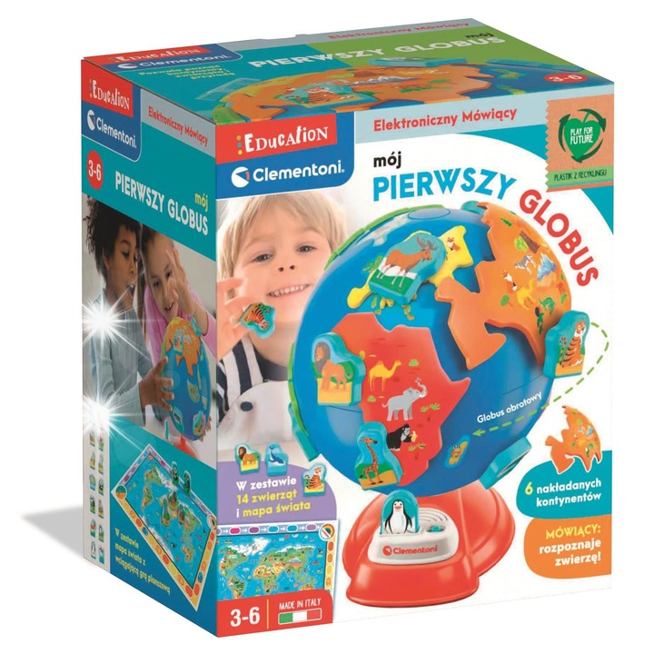 Glob interactiv educativ Clementoni, 3-6 ani, electronic, cu quizuri, din plastic reciclat