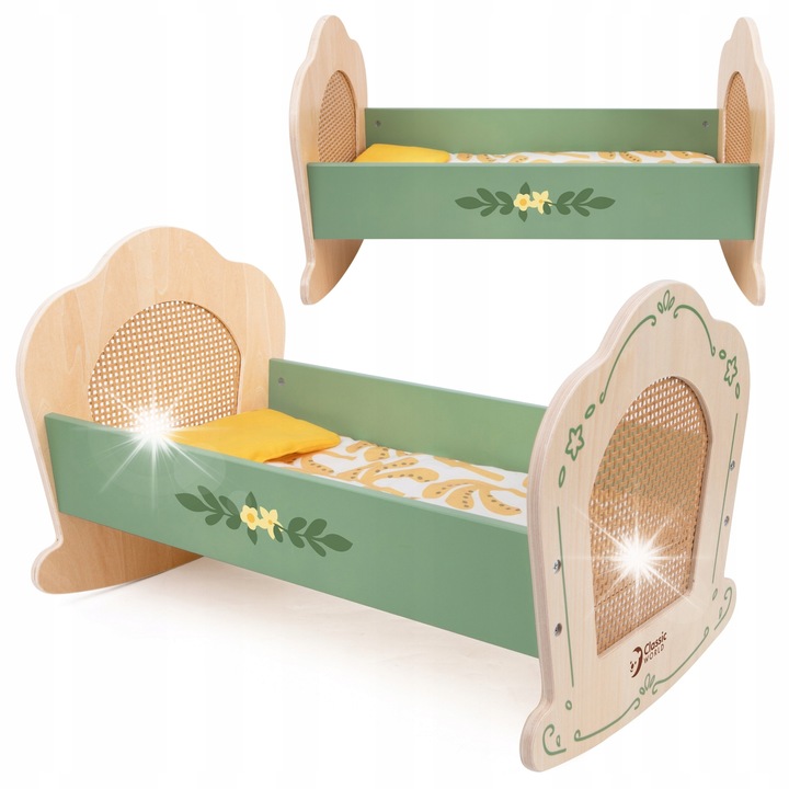 Fából készült babahinta, Classic World, vintage stílusú, rattan, 45x28x28,3cm