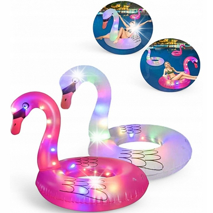 Saltea gonflabila Flamingo cu Iluminare LED, 110x85x77cm, Alb/Roz, Set