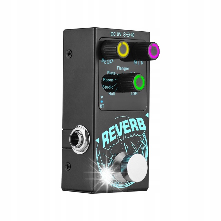 Gitár effekt pedál, 9 féle zengető, Bluetooth, fekete, 8,5x5x3,8cm