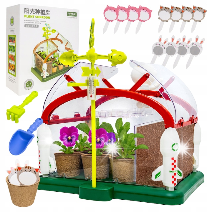 Комплект за игра градинарство, click4TOYS, мини оранжерия за деца, система за напояване, LED, 12 саксии, 30x32x24см