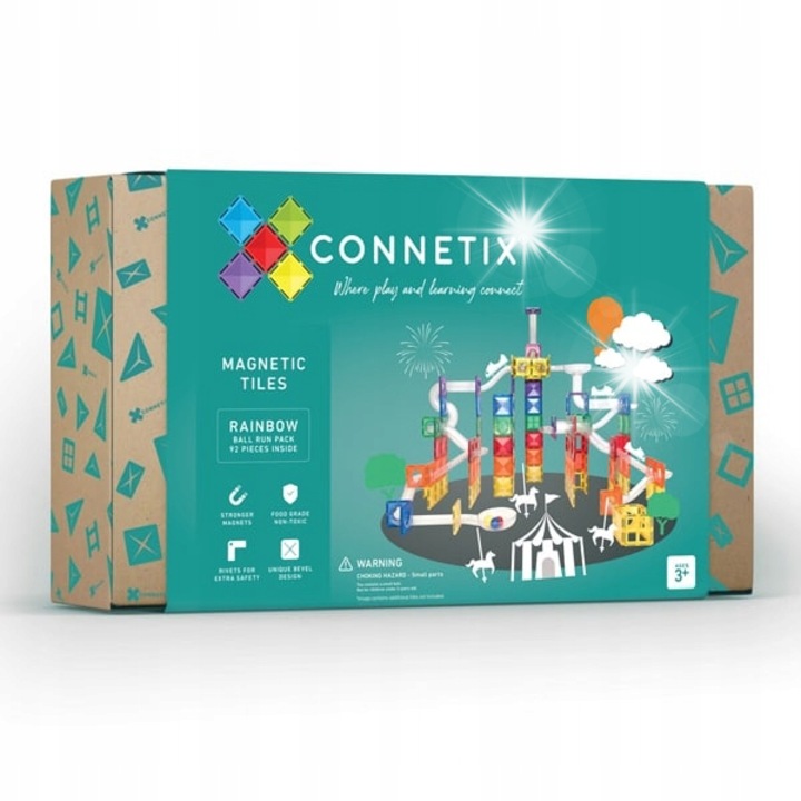 Connetix Rainbow Ball Run Pack építőkészlet, 92 elemes, 6 db fa golyó, mérete 42x26x10cm