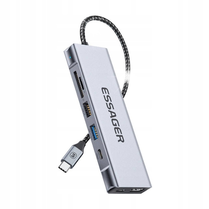 Statie de andocare Essager EHB08-QK0G-Z, HDMI, 2x USB, SD/TF, gri, 134x46.15x14mm, set complet