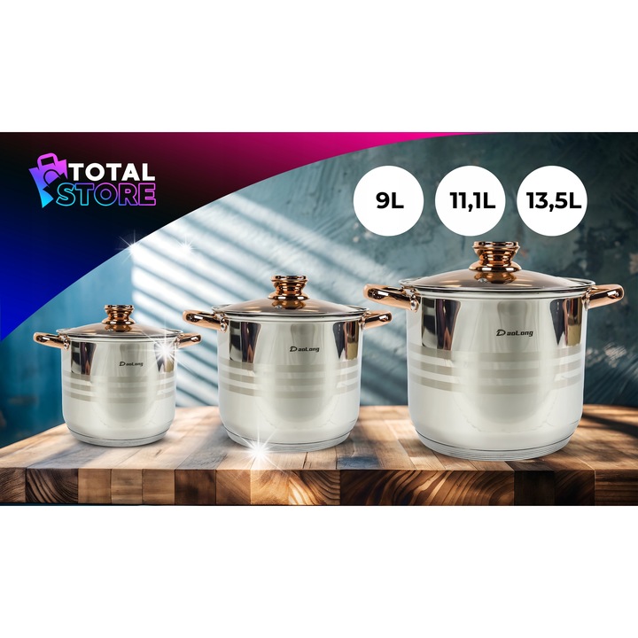 Set oale inox DaoLong 3 piese, 9L, 11,1L, 13,5L, cu capace din sticla, argintii