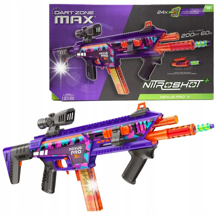 Pistol Dart Zone Max Nexus Pro X, 2 magazine, 24 sageti, culoare multicolor, 200 FPS