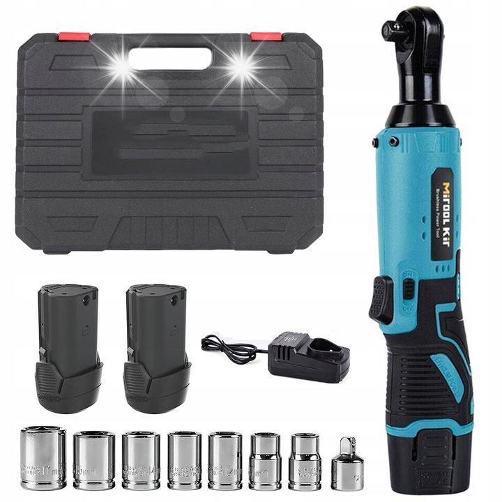 Cheie electrica cu acumulator 12V, 60Nm, 2 baterii, incarcator, 8 socket-uri, albastru si negru