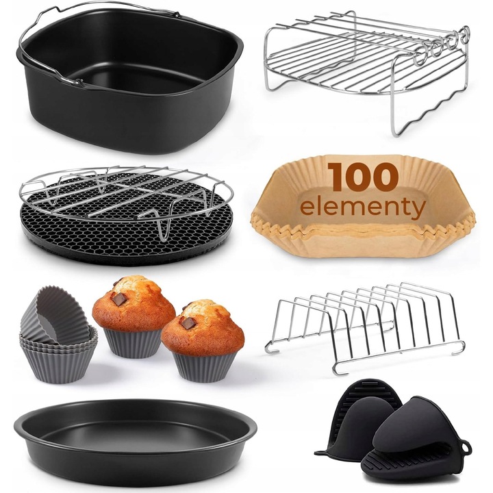 Set accesorii pentru friteuza Fentic, 21cm, cu gratar, forma de pizza, 100 foi de copt, rezistente la temperaturi ridicate