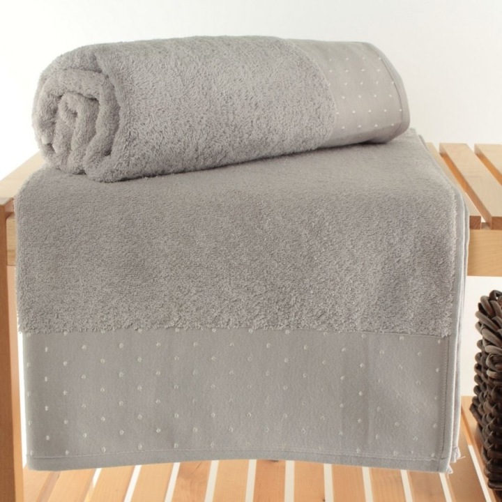 Set 2 prosoape baie Saheser jacquard cu bulinute, bumbac 100%, gri deschis, 70x140 cm