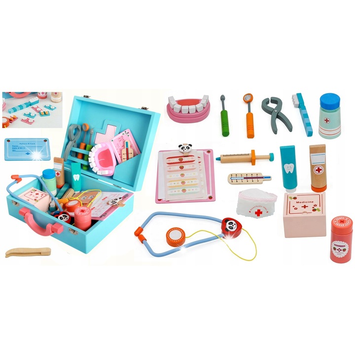 Set joaca doctor Bobo-San, valiza din lemn, accesorii medicale, varsta 3+, multicolor