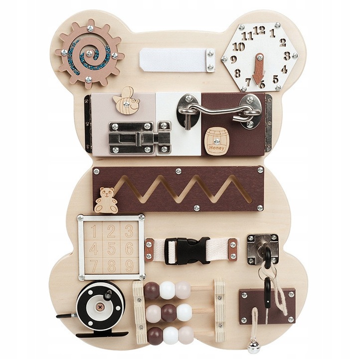 Tabla senzoriala manipulativa Montessori Bear, 39x30x4cm, culori pastelate, din lemn