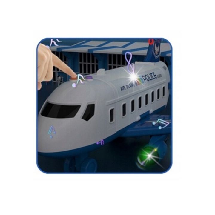 Avion rozkladabil Bobo-San, set cu parcare si elicopter, efecte sonore si luminoase, albastru, 65x35x25cm