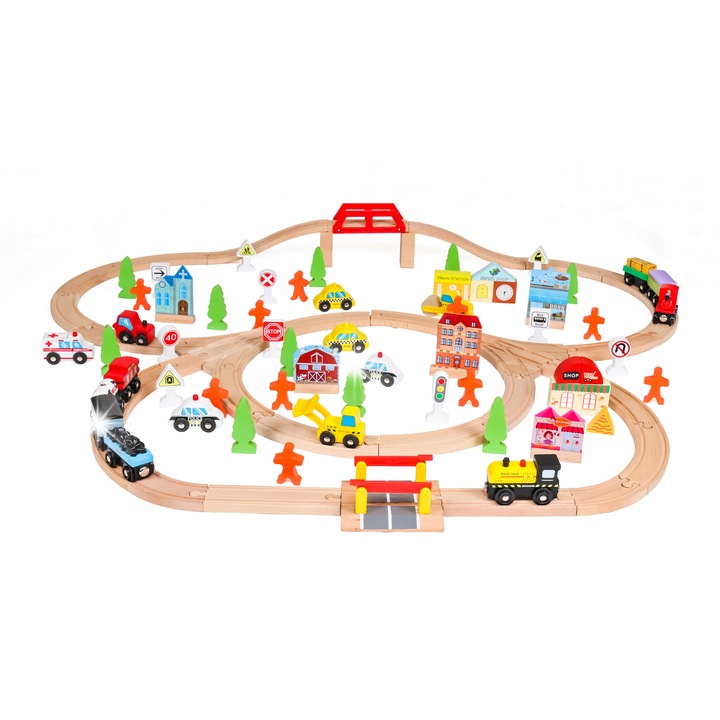 Trenulet de jucarie, Bobo-San, set 100 elemente, 2 trenuri cu 3 vagoane, 8 masinute, 107x93cm