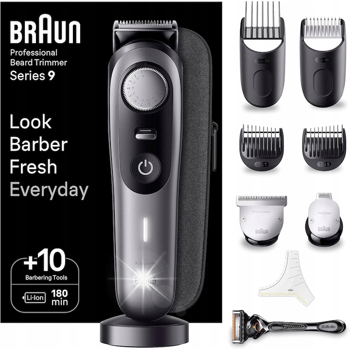 Trimmer pentru barba Braun Series 9 BT9420, 40 lungimi, 0.5-20mm, argintiu-negru