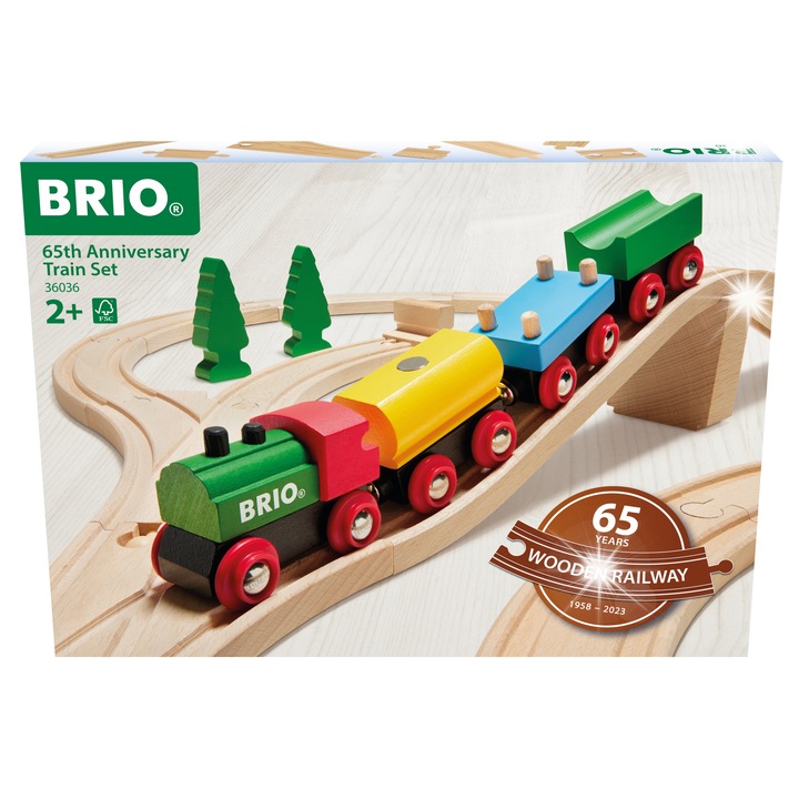 Set trenulete de jucarie Brio, 65 de ani, 32 piese, culori luminoase, 373x273mm