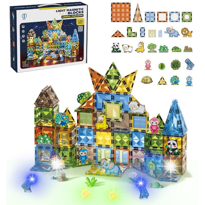 Set de constructie magnetice 124 elemente DK, animale, culori variate, 6,5x6,5cm