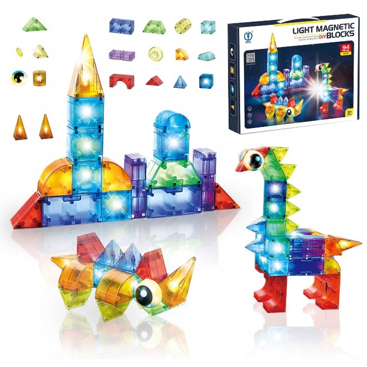 Set de constructie 3D magnetic, DK, 94 elemente, culori variate, pentru copii peste 3 ani