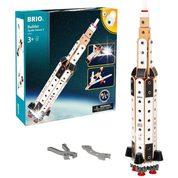Set de constructie racheta Apollo Saturn V, Brio, 91 elemente, 60cm, cu lumini LED