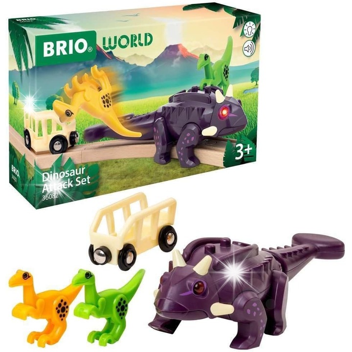 Set figurine dinozauri Brio, Ankylozaur cu Velociraptor, sunet si lumina, multicolor, pentru copii de la 3 ani
