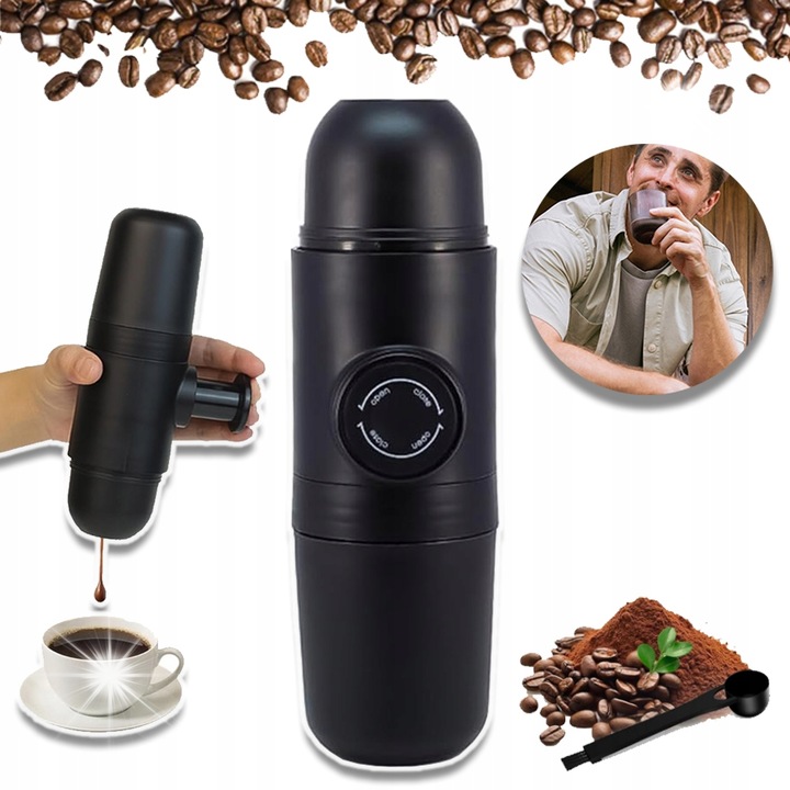 Cafetiera manuala, 19,8x6cm, inox 304, silicon ABS, neagra