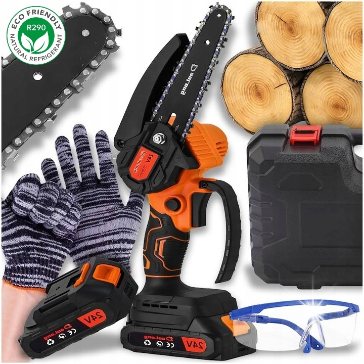 Akkumulátoros elektromos fűrész 6", 2 akkumulátor, 1000W, hordozható, acéllánc, narancssárga