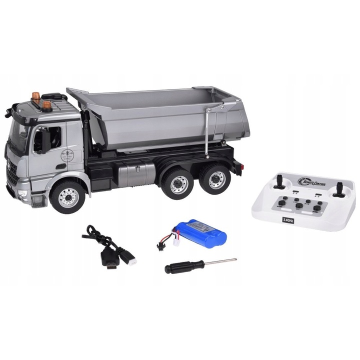 Camion de gunoi metalic Mercedes Arocs 1:20 cu remorca mobila, Double E, control radio, 44x15x19cm, set complet