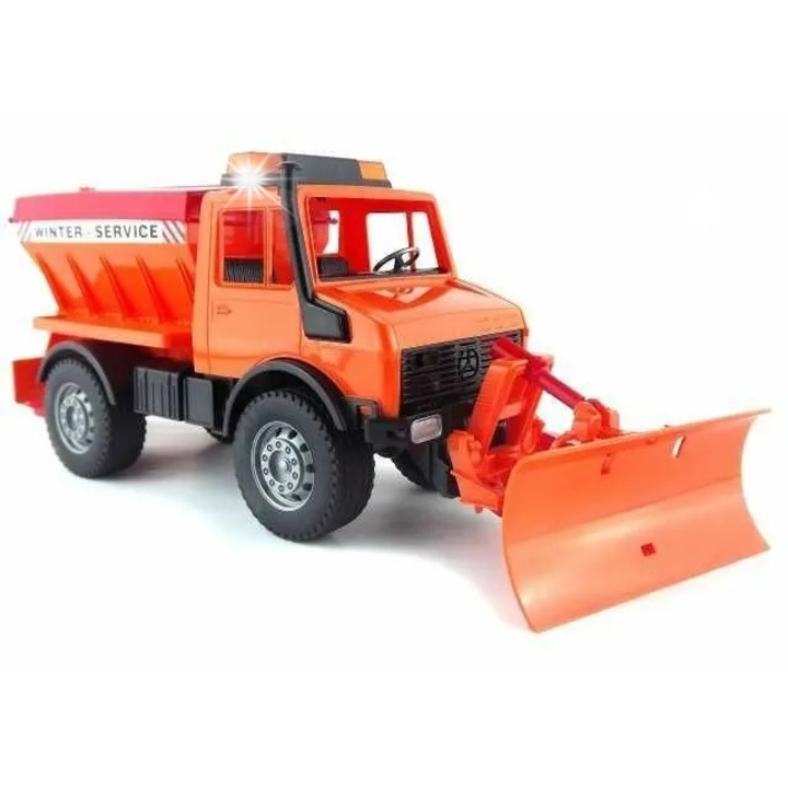Camion de jucarie Bruder, Mercedes-Benz Unimog, 1:16, portocalie, cu functie de imprastiere a nisipului