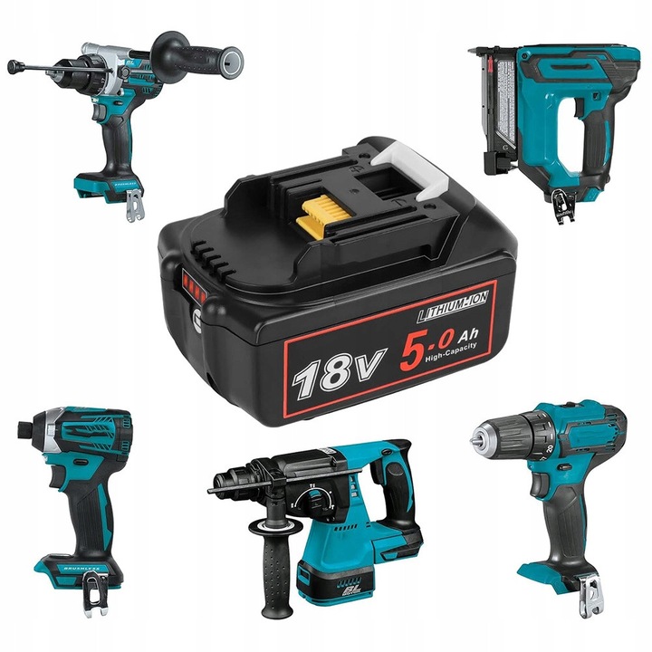 Baterie Li-ion 18V 5000mAh, compatibila cu Makita, neagra, dimensiuni 115x75x65mm