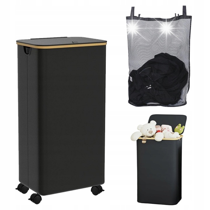 Cos pentru rufe cu capac, 110L, negru, cu roti, dimensiuni 44x33x74cm